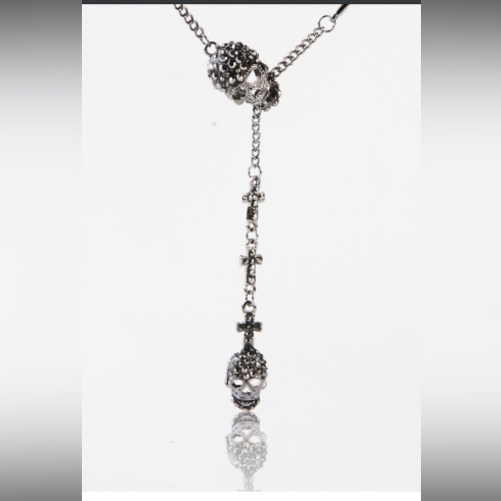 Evbea Skulls and Crosses adjustable necklace with black crystals